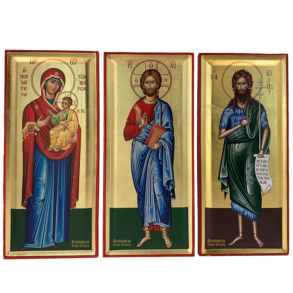 Set of Jesus Christ, Virgin Mary and Saint John Christian Byzantine Wood Icon with Gold Leaf