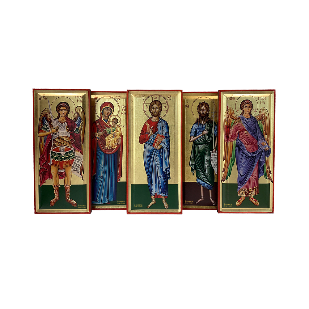 Set of Jesus Christ, Virgin Mary, Saint John, Archangels Michael and Gabriel Christian Byzantine Wood Icon with Gold Leaf