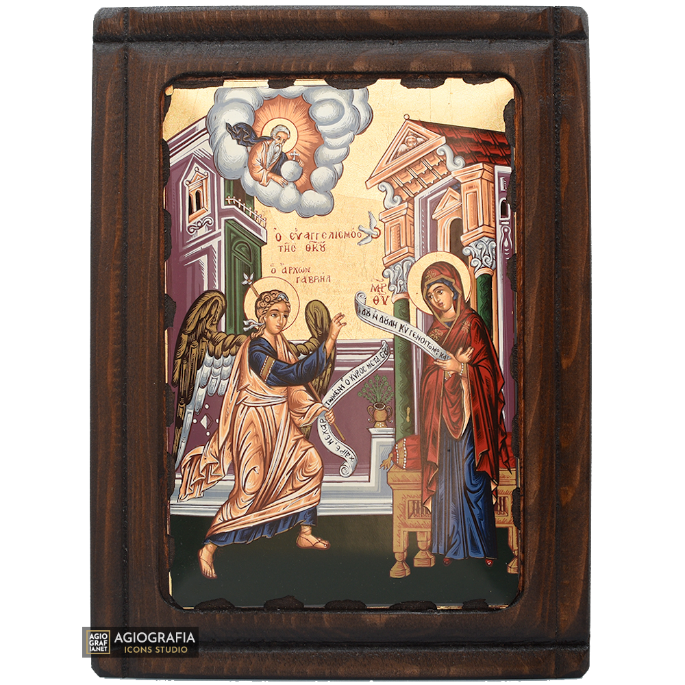 Annunciation of the Theotokos Christian Icon on Wood with Gold Leaf