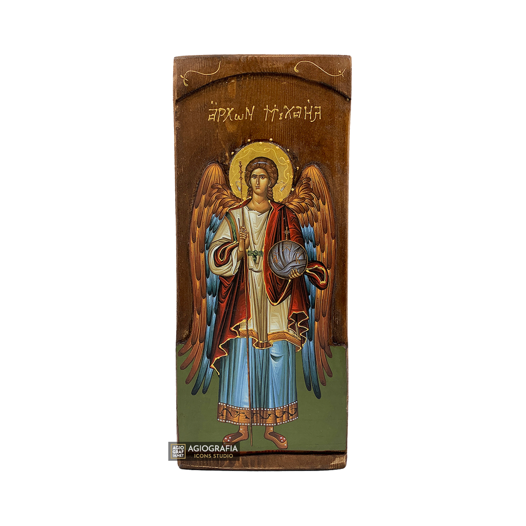 Archangel Michael Christian Orthodox Gold Print Icon on Carved Wood
