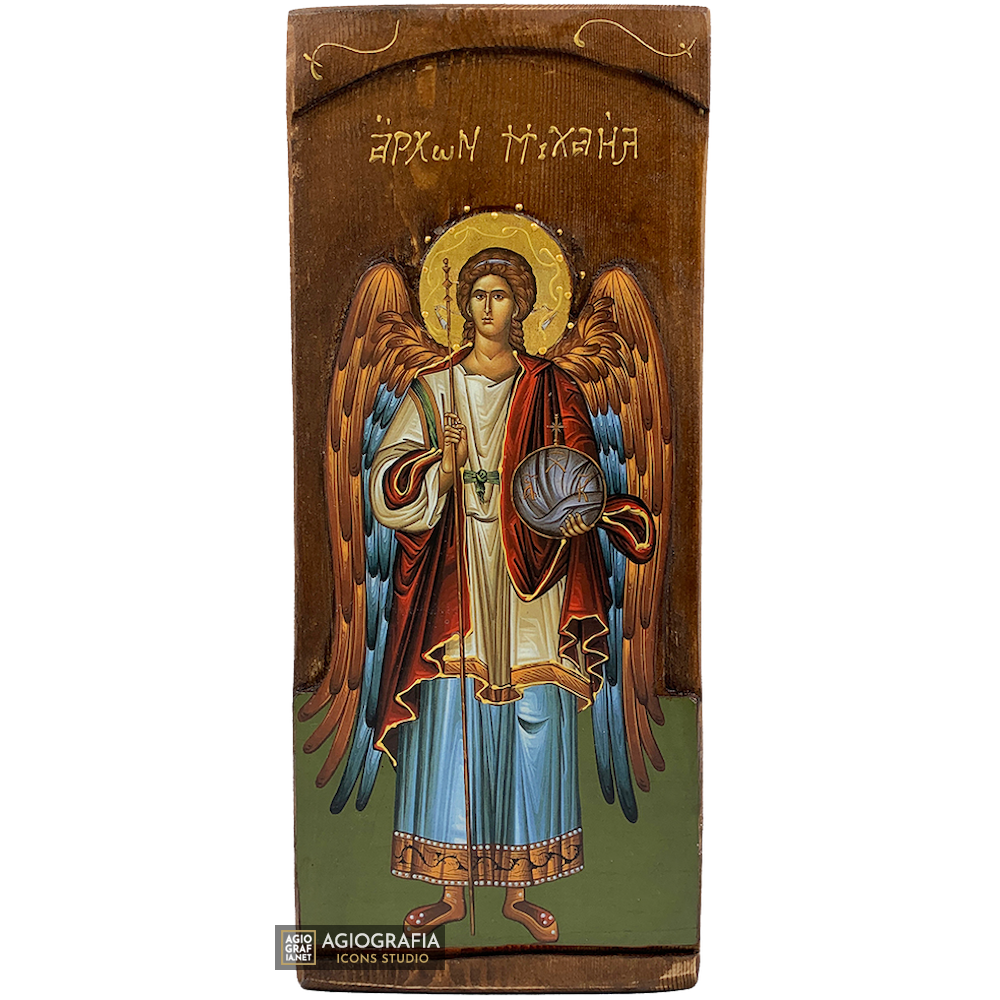 Archangel Michael Christian Orthodox Gold Print Icon on Carved Wood