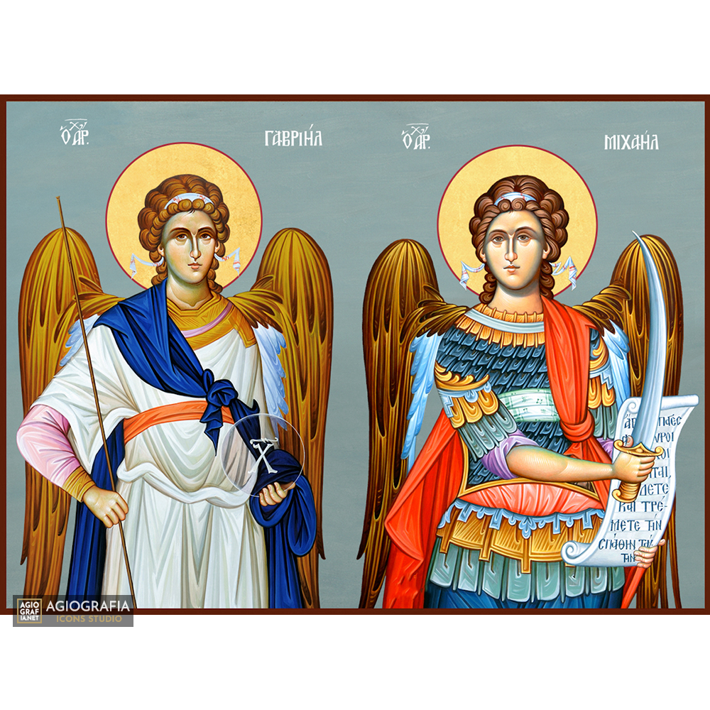 Archangels Michael & Gabriel Christian Icon with Blue Background