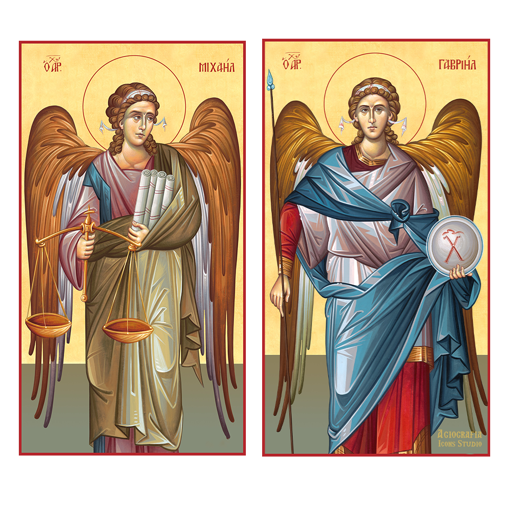 Set of 2 Cathedral Icons - Archangels Michael & Gabriel Byzantine Greek Wood Icon with 22 karats Gold Leaf