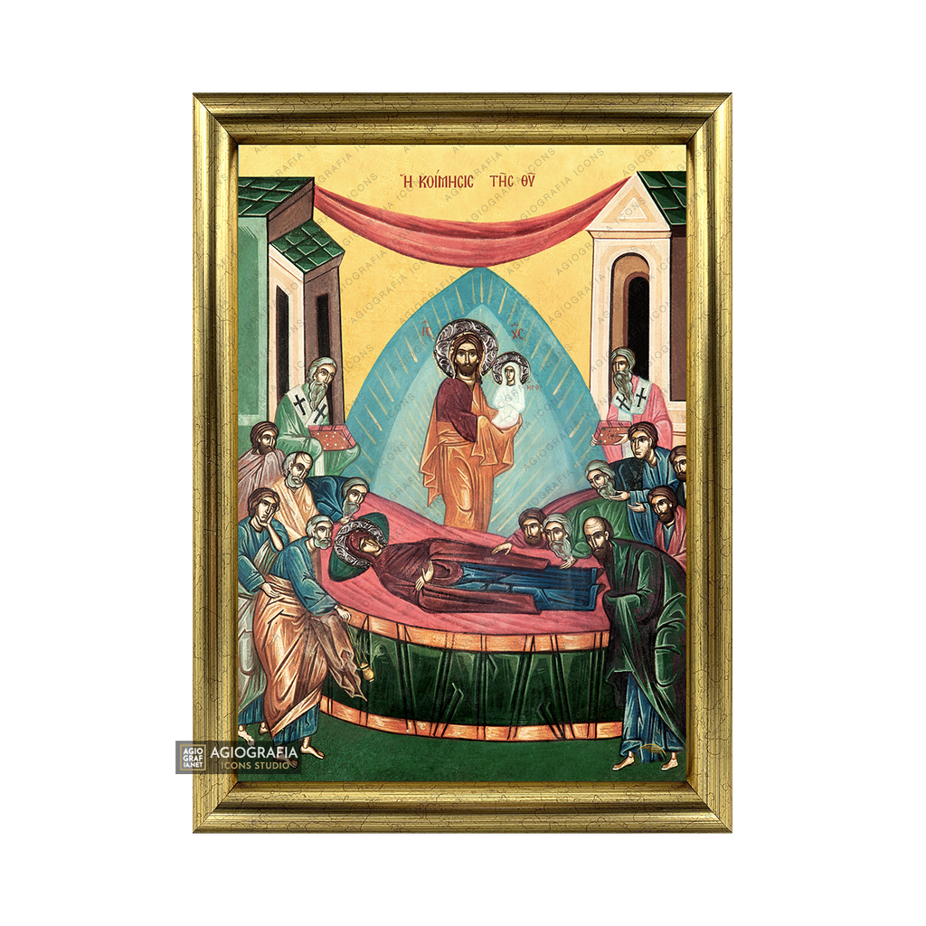 22k Dormition of Virgin Mary Framed Orthodox Icon with Gold Leaf