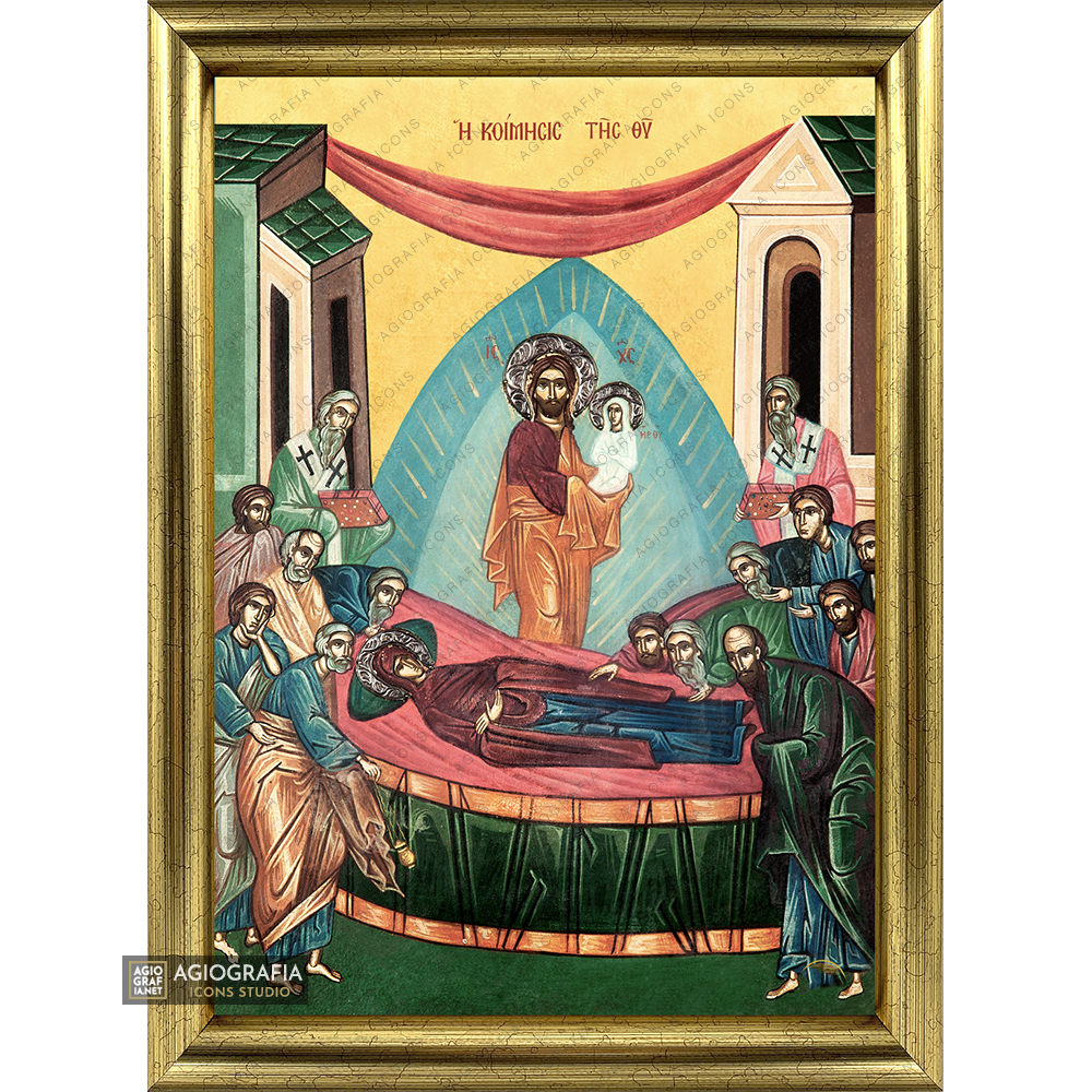 22k Dormition of Virgin Mary Framed Orthodox Icon with Gold Leaf