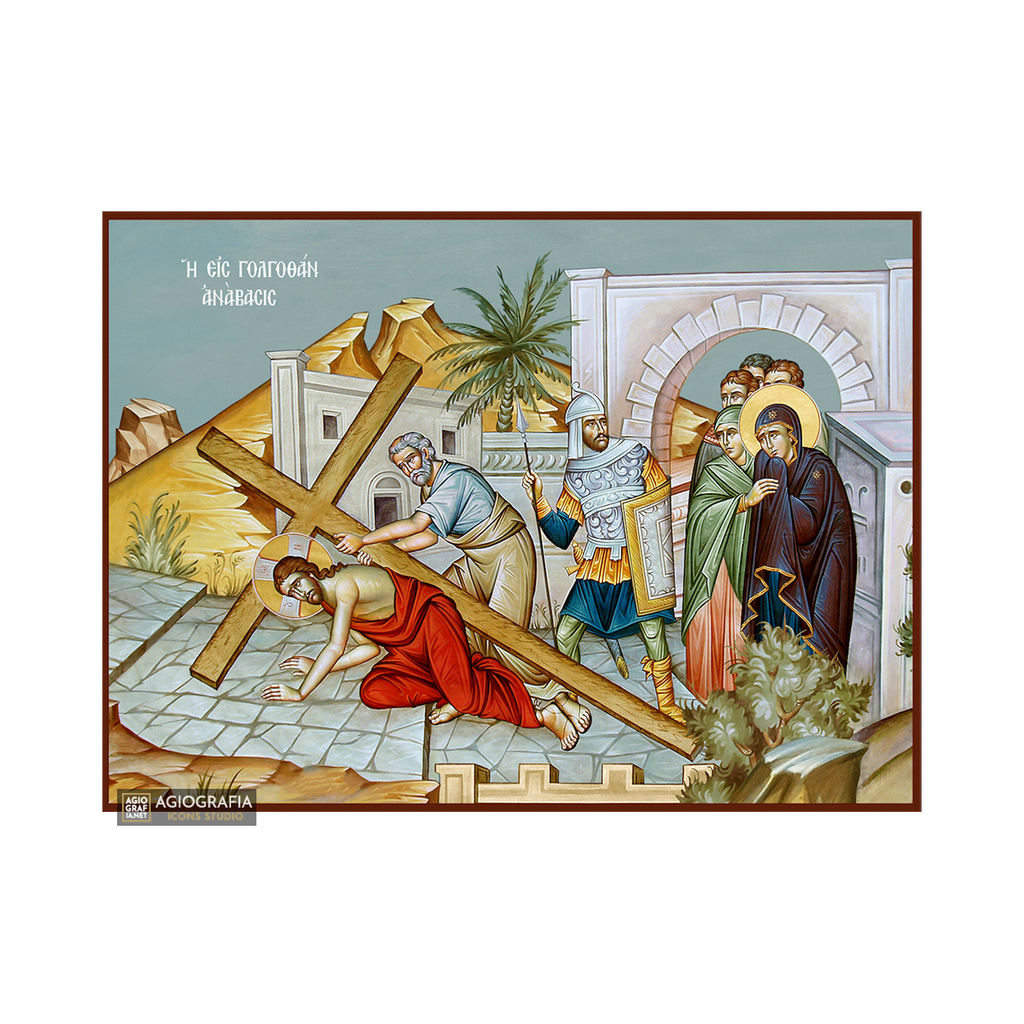 Jesus Christ Ascent to Golgotha Christian Icon Blue Background