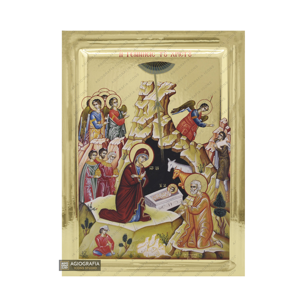 Nativity of the Lord Byzantine Orthodox Wood Icon with Gilding Effect