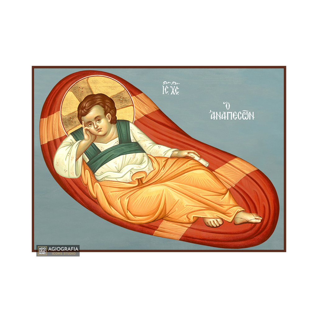 Jesus Christ Reclining Christian Wood Icon with Blue Background