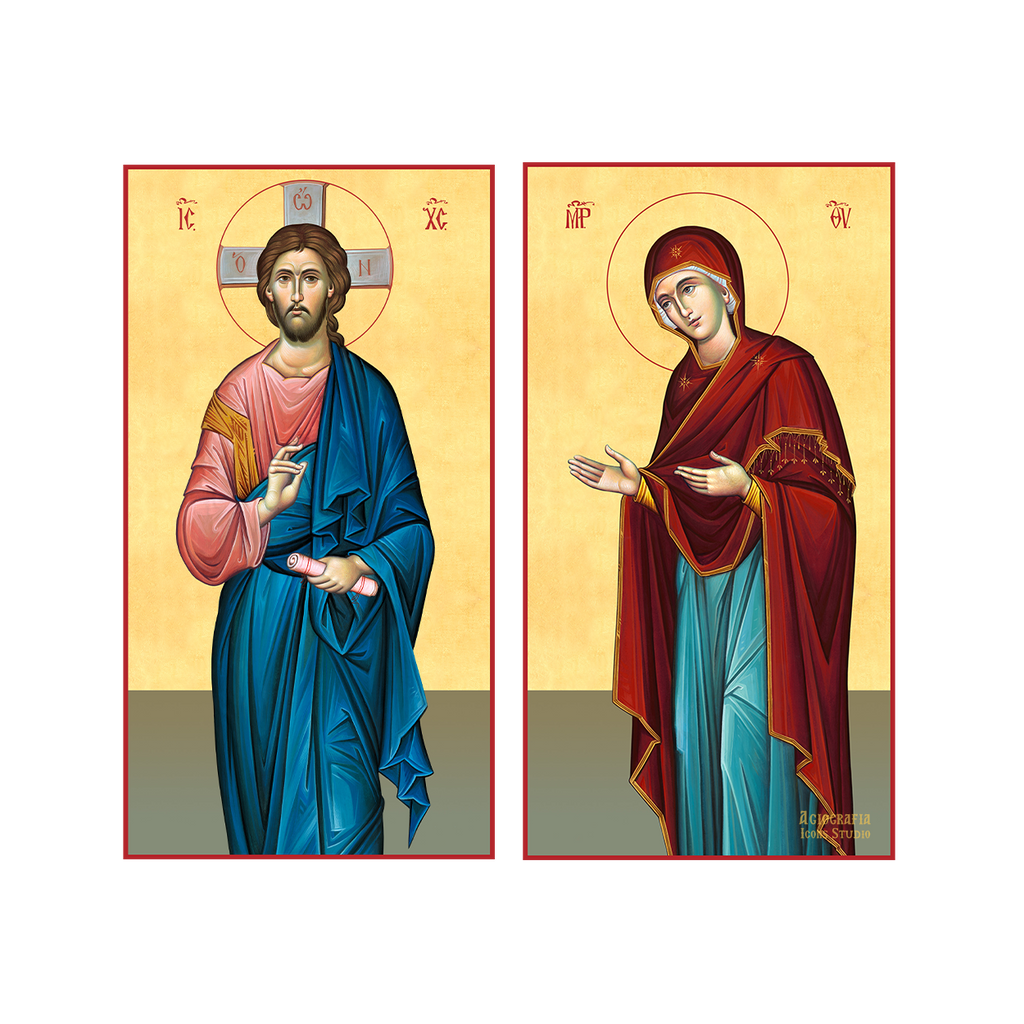 Set of 2 Cathedral Icons - Jesus Christ & Virgin Mary Byzantine Greek Wood Icon with 22 karats Gold Leaf