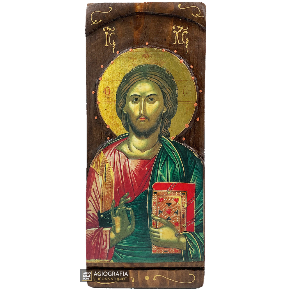 Jesus Christ Byzantine Greek Gold Print Icon on Carved Wood
