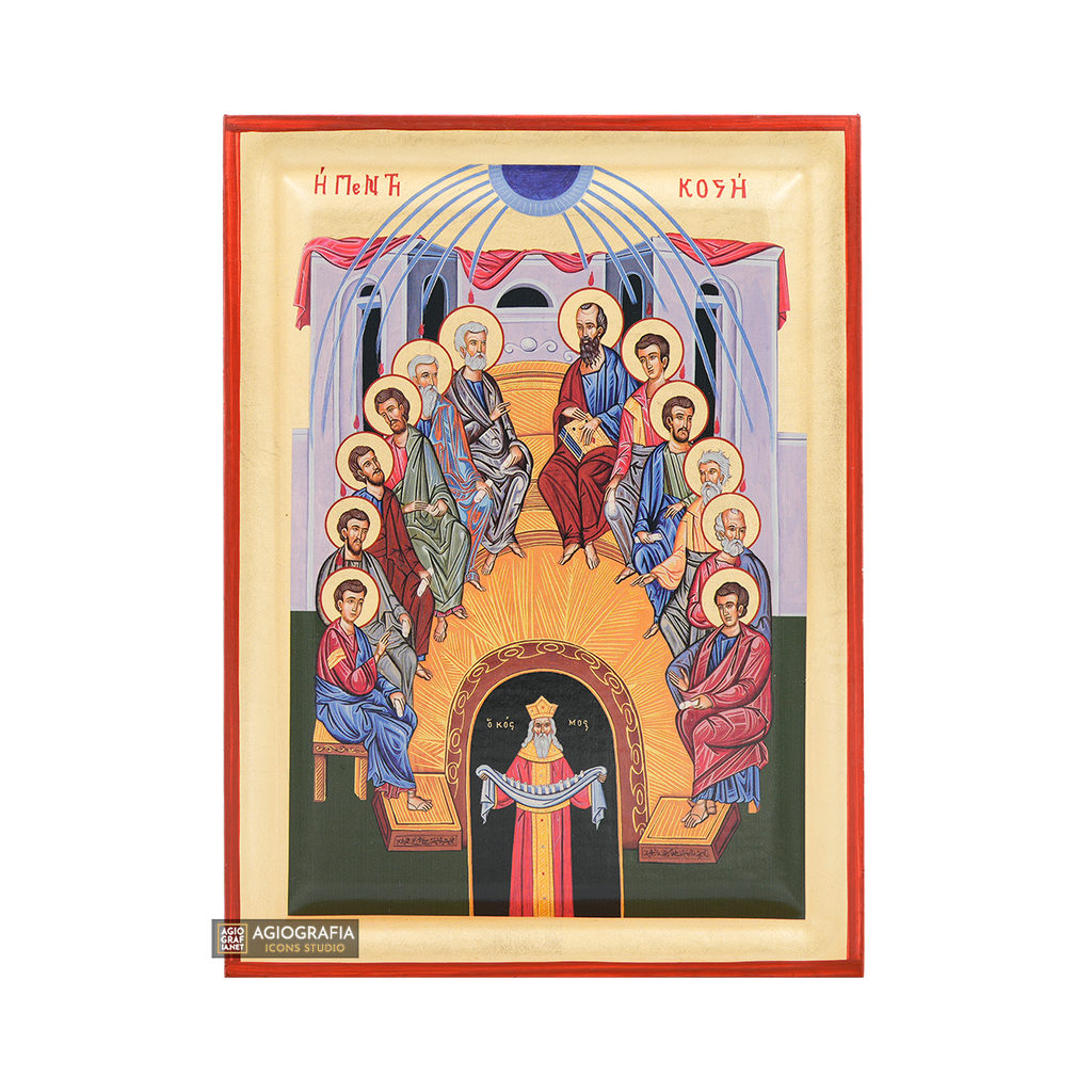 Pentecost Orthodox Icon on Wood with Gold Leaf background