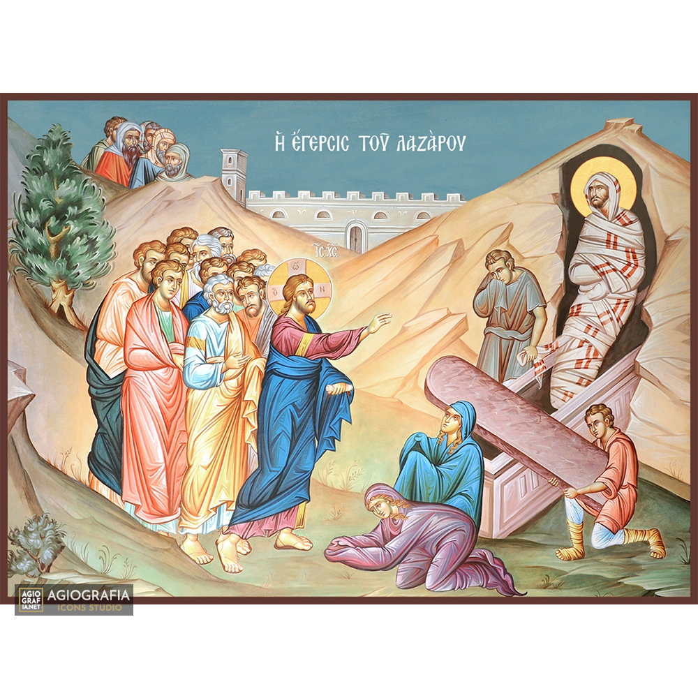 Raising of Lazarus Christian Orthodox Icon with Blue Background