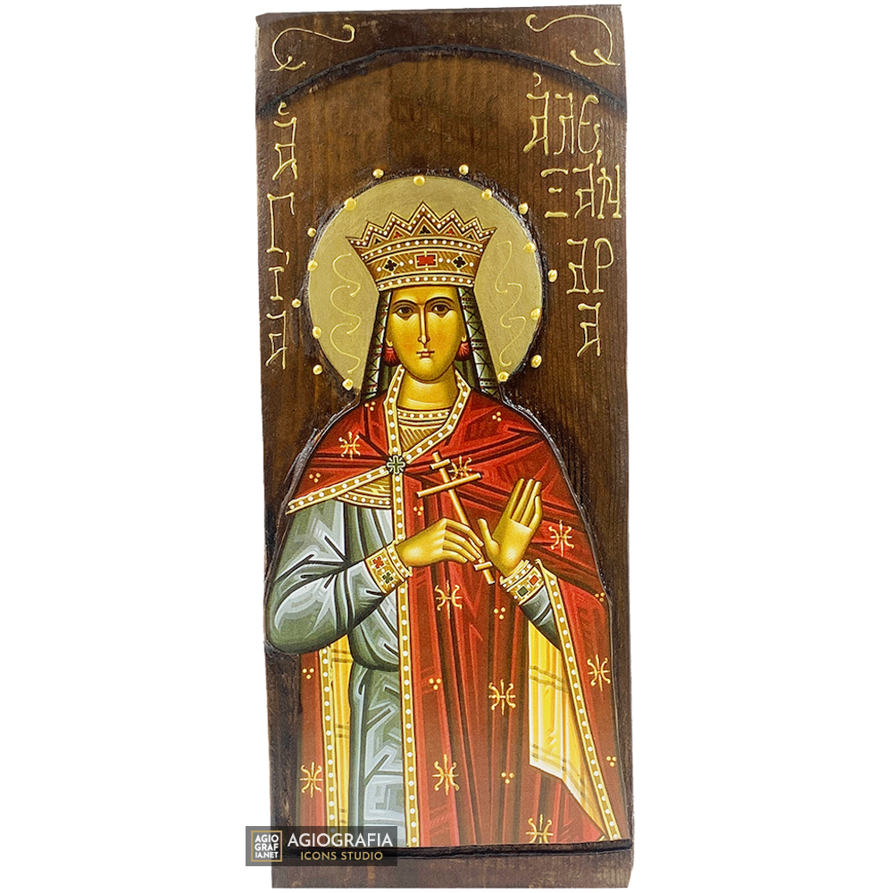 St Alexandra Christian Orthodox Gold Print Icon on Carved Wood