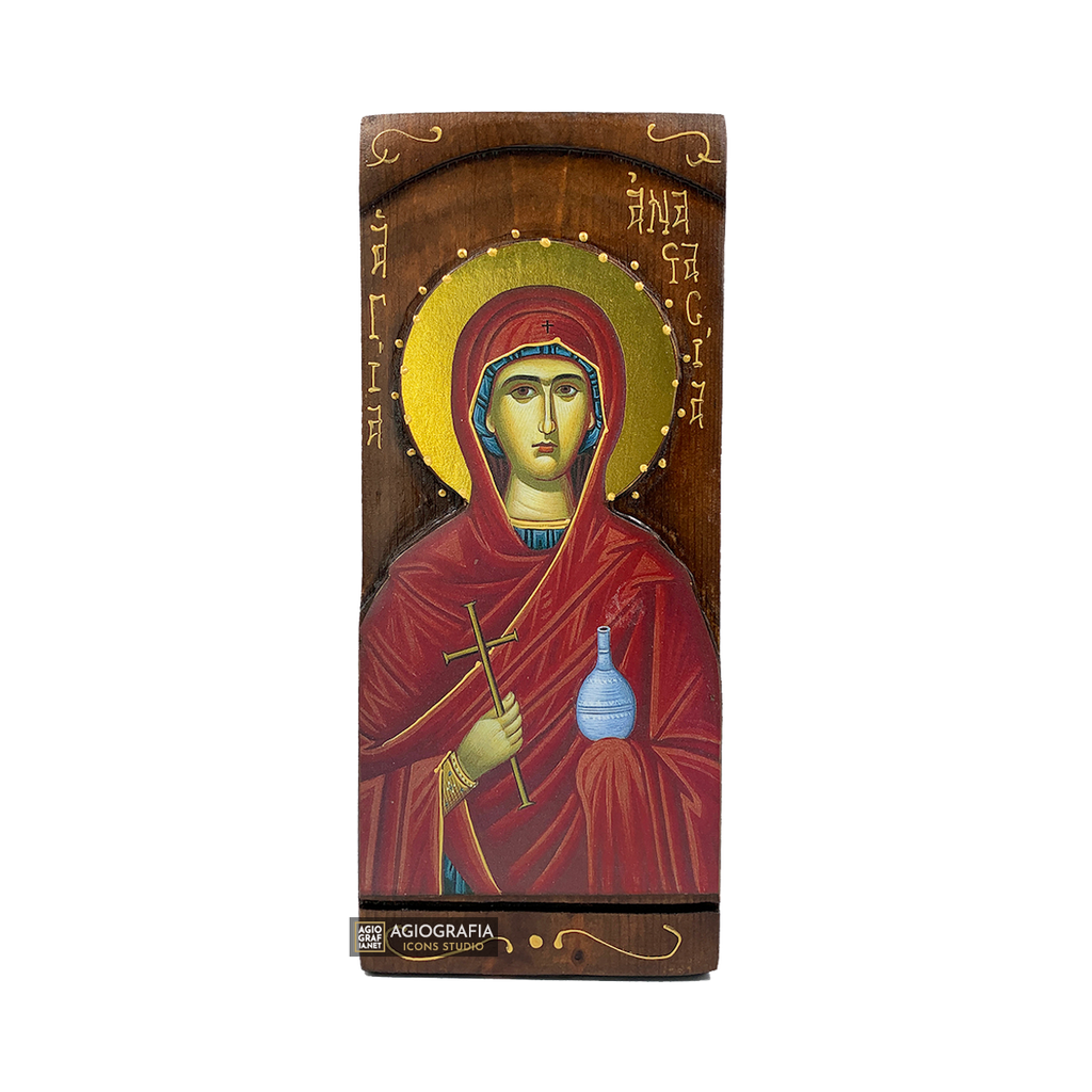 St Anastasia Byzantine Greek Gold Print Icon on Carved Wood