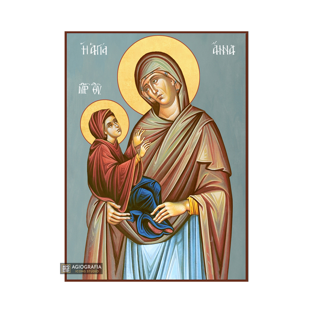 St Anna Christian Orthodox Wood Icon with Blue Background