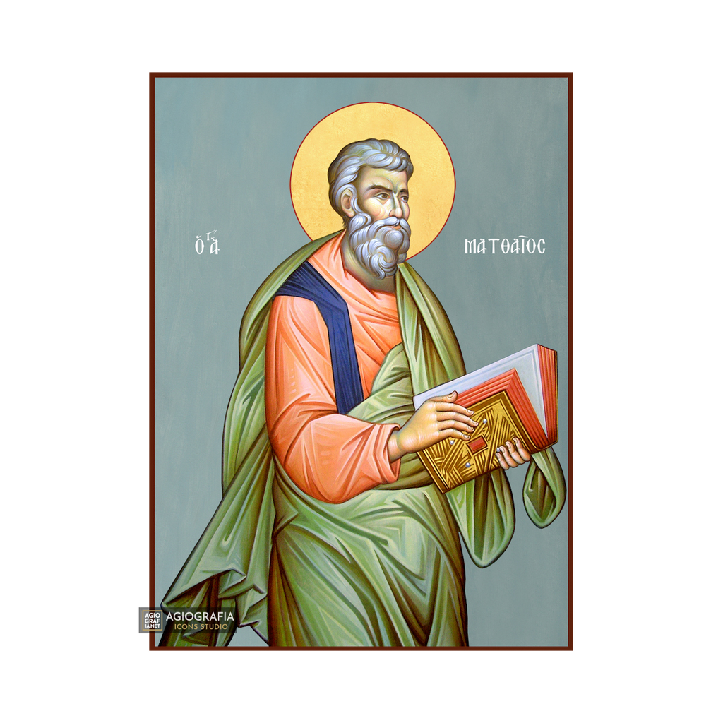 St Apostle Matthew Greek Orthodox Icon with Blue Background