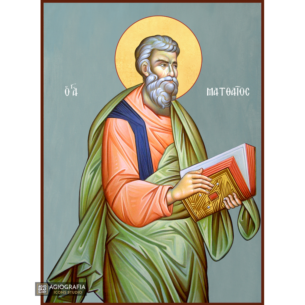 St Apostle Matthew Greek Orthodox Icon with Blue Background