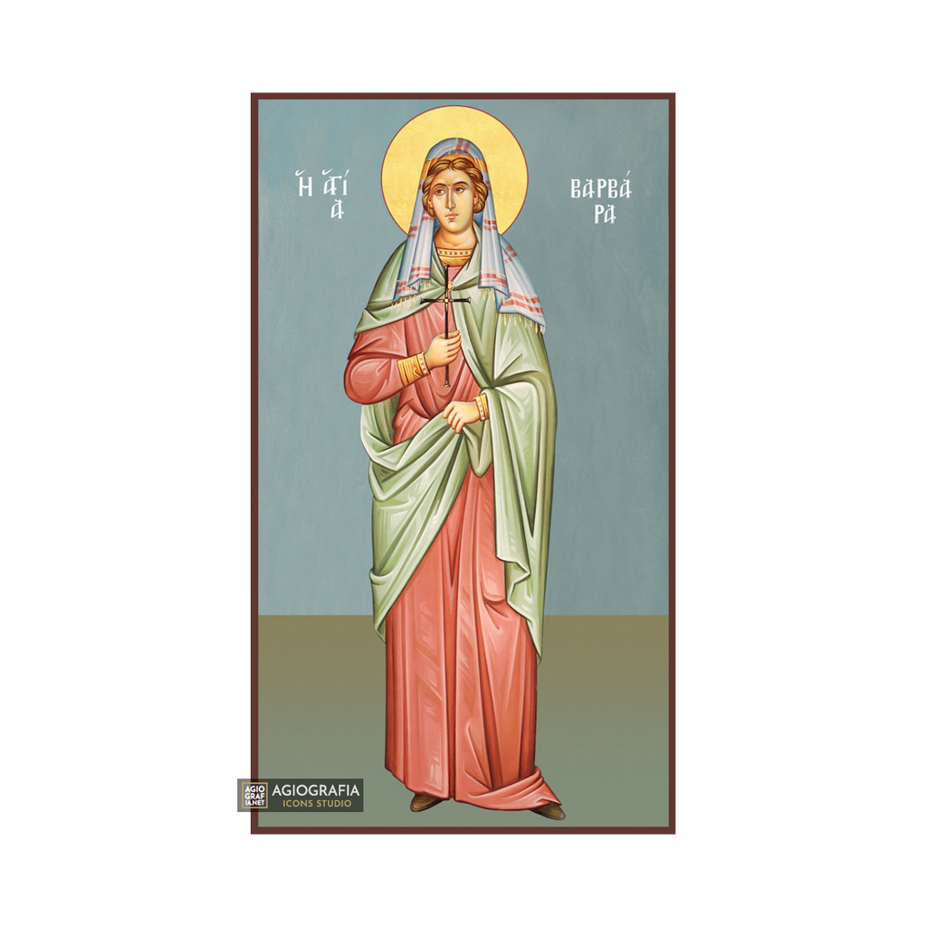 St Barbara Christian Orthodox Wood Icon with Blue Background