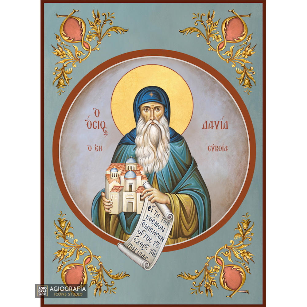 St David of Evia Christian Orthodox Icon with Blue Background
