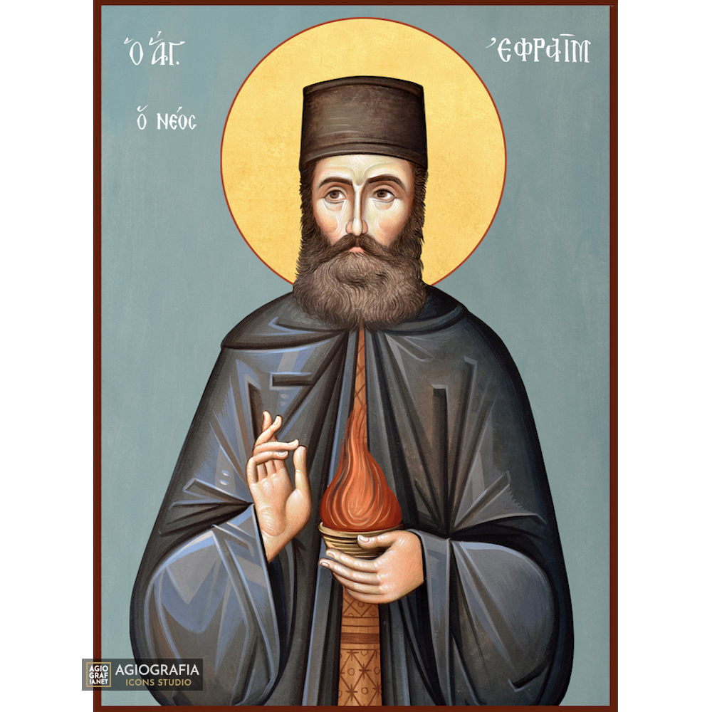 St Efrem of New Makri Orthodox Icon with Blue Background