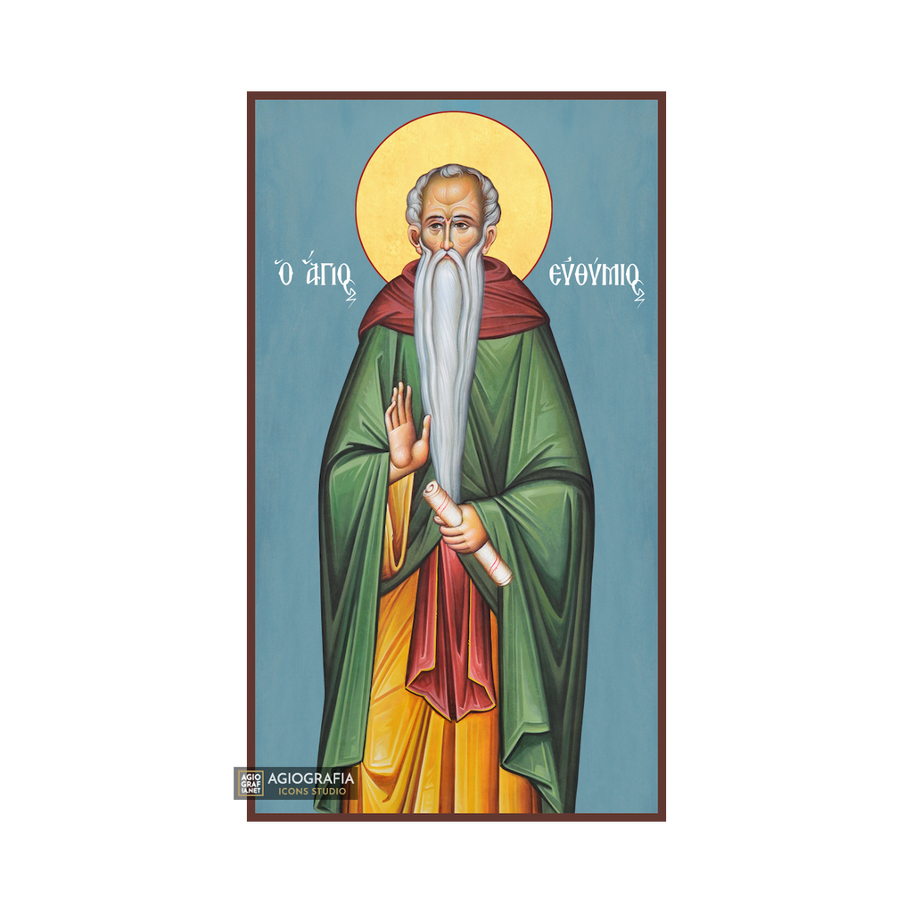 St Efthimios Christian Orthodox Icon on Wood with Blue Background