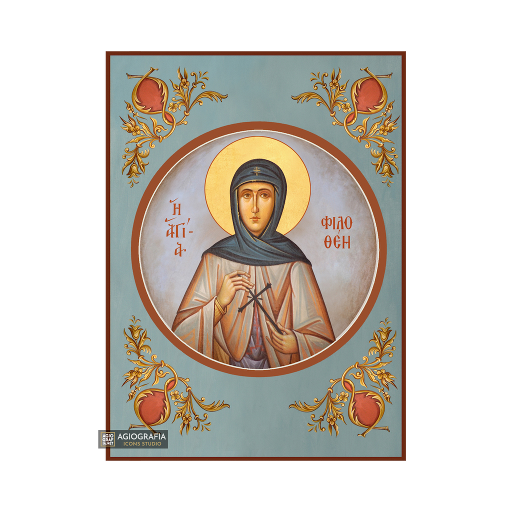 St Filothei Christian Orthodox Icon with Blue Background