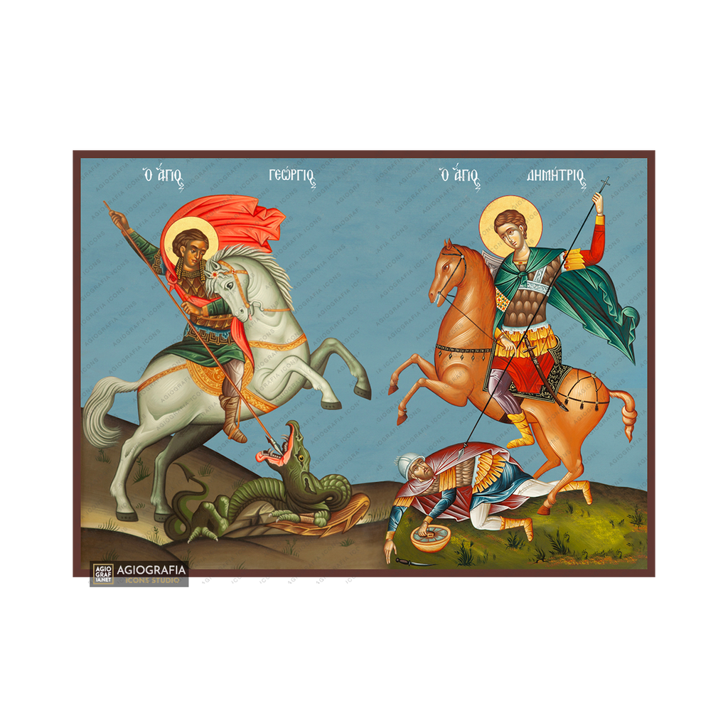 Saints George & Demetrius Orthodox Icon with Blue Background