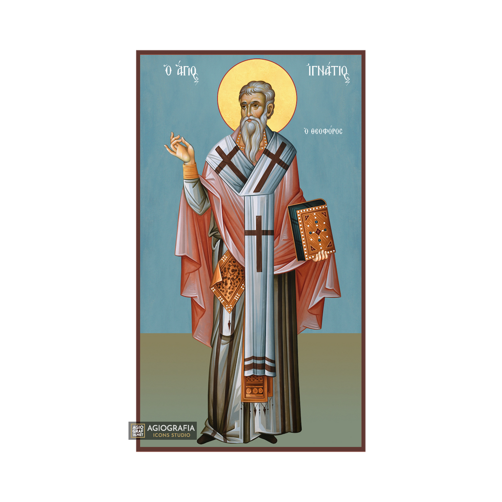 St Ignatius Greek Orthodox Wood Icon with Blue Background
