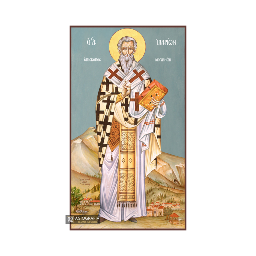 St Ilarion Greek Orthodox Wood Icon with Blue Background