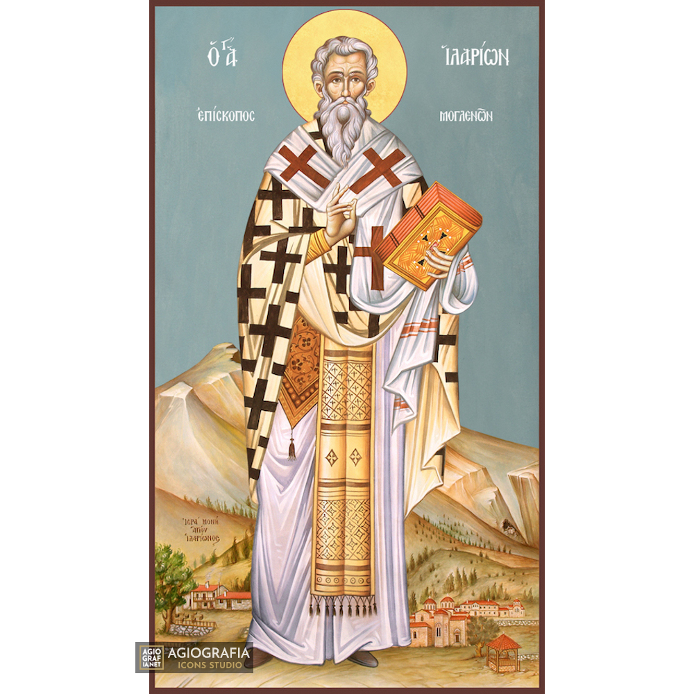 St Ilarion Greek Orthodox Wood Icon with Blue Background