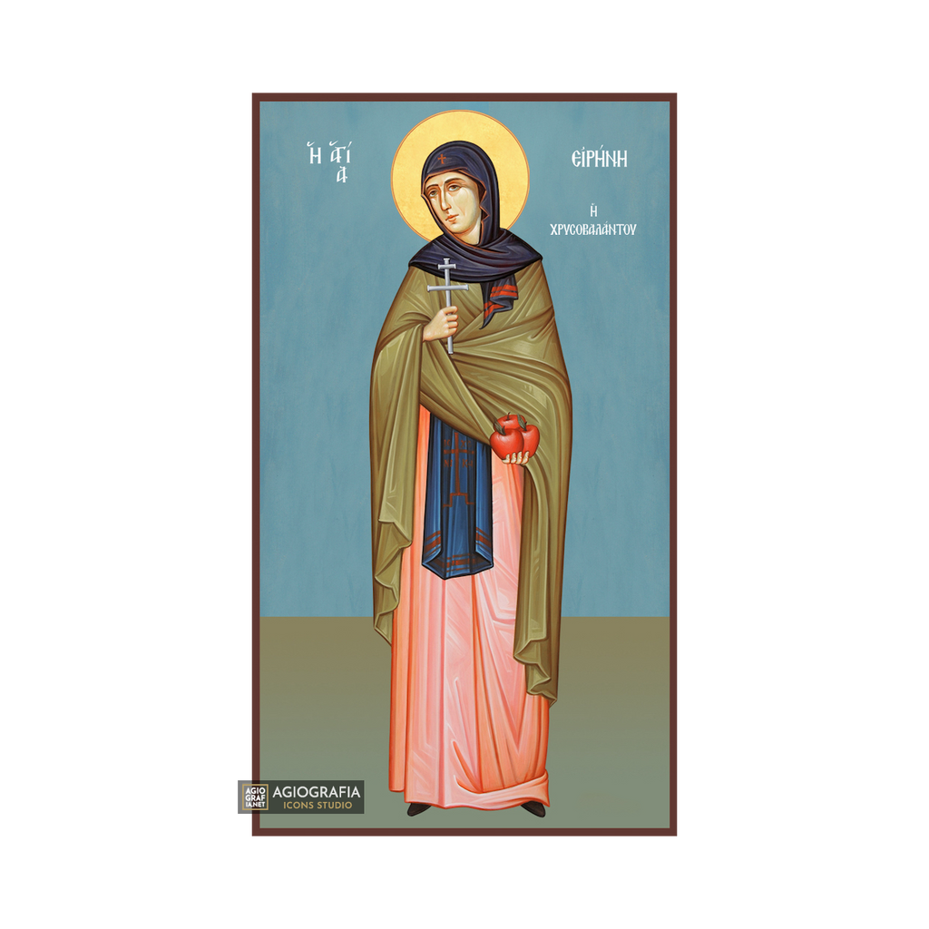 St Irene Chrisovalantou Greek Orthodox Icon with Blue Background