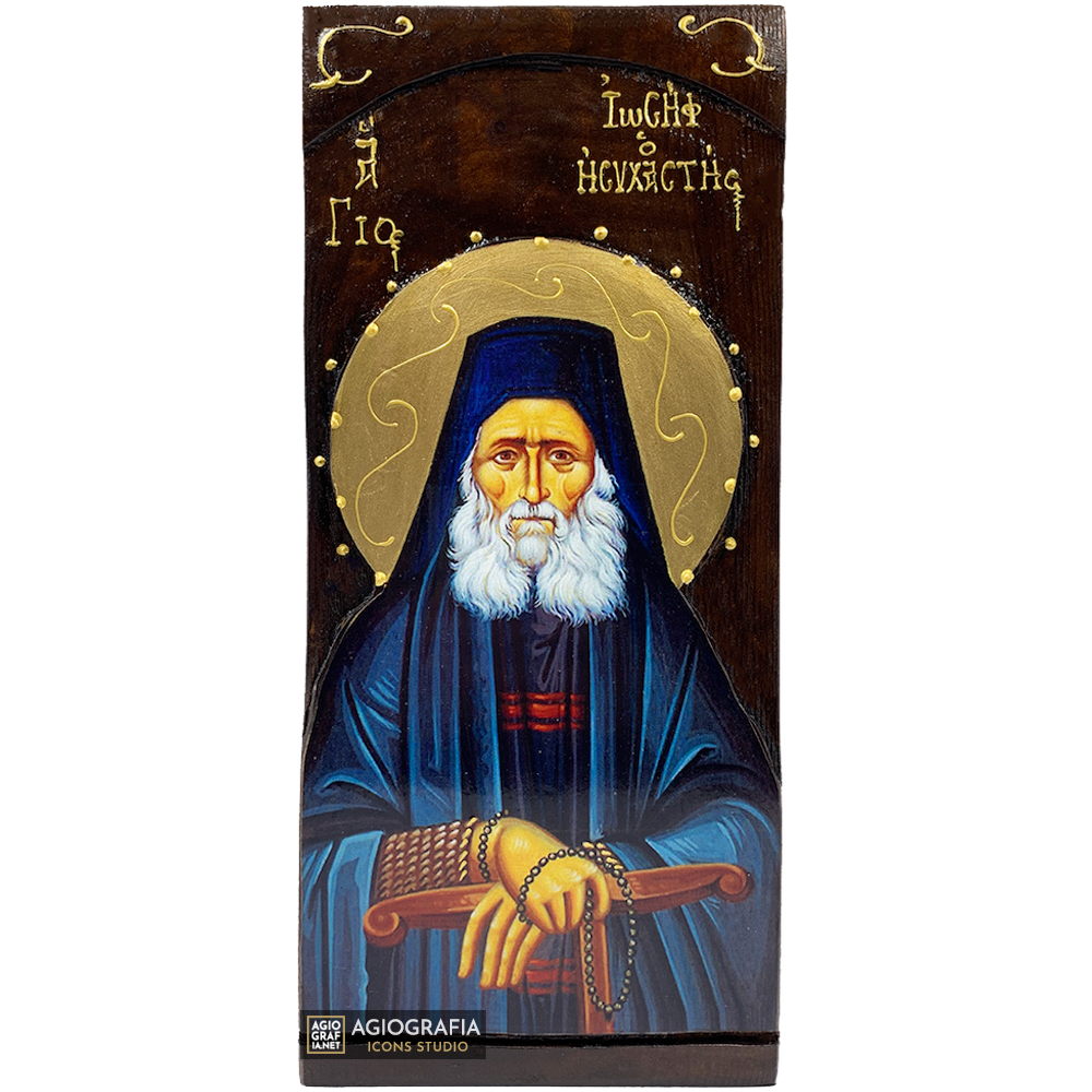 St Joseph the Hesychast Christian Gold Print Icon on Carved Wood