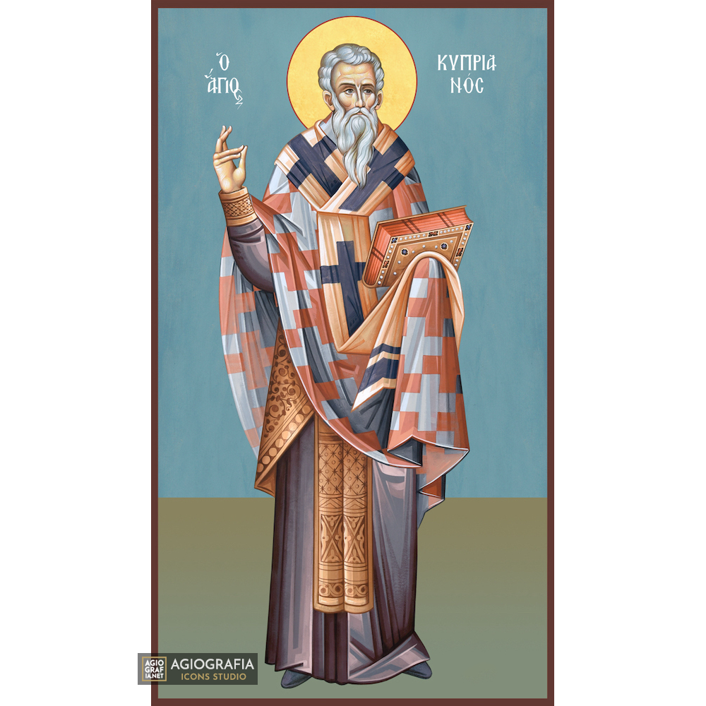 St Kiprianos Christian Byzantine Wood Icon with Blue Background
