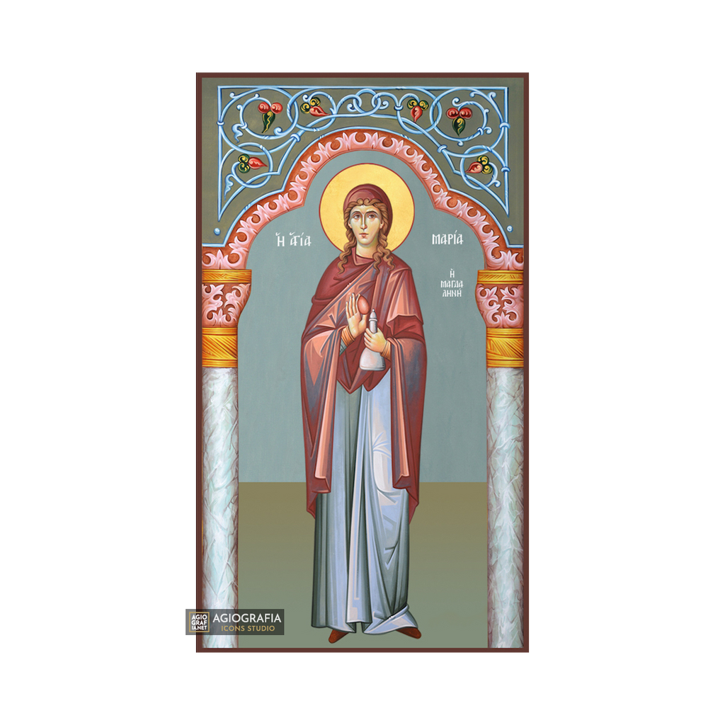 St Mary Magdalene Greek Orthodox Wood Icon with Blue Background