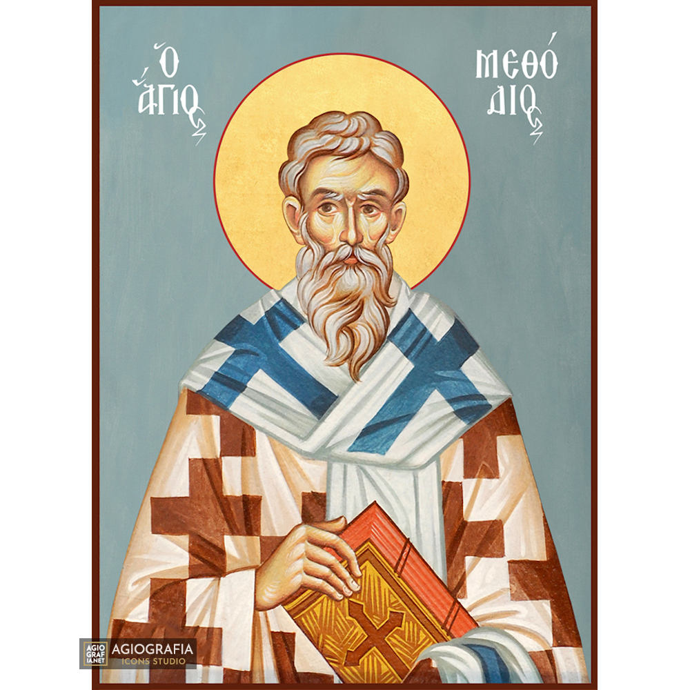 St Methodius Greek Orthodox Icon with Blue Background