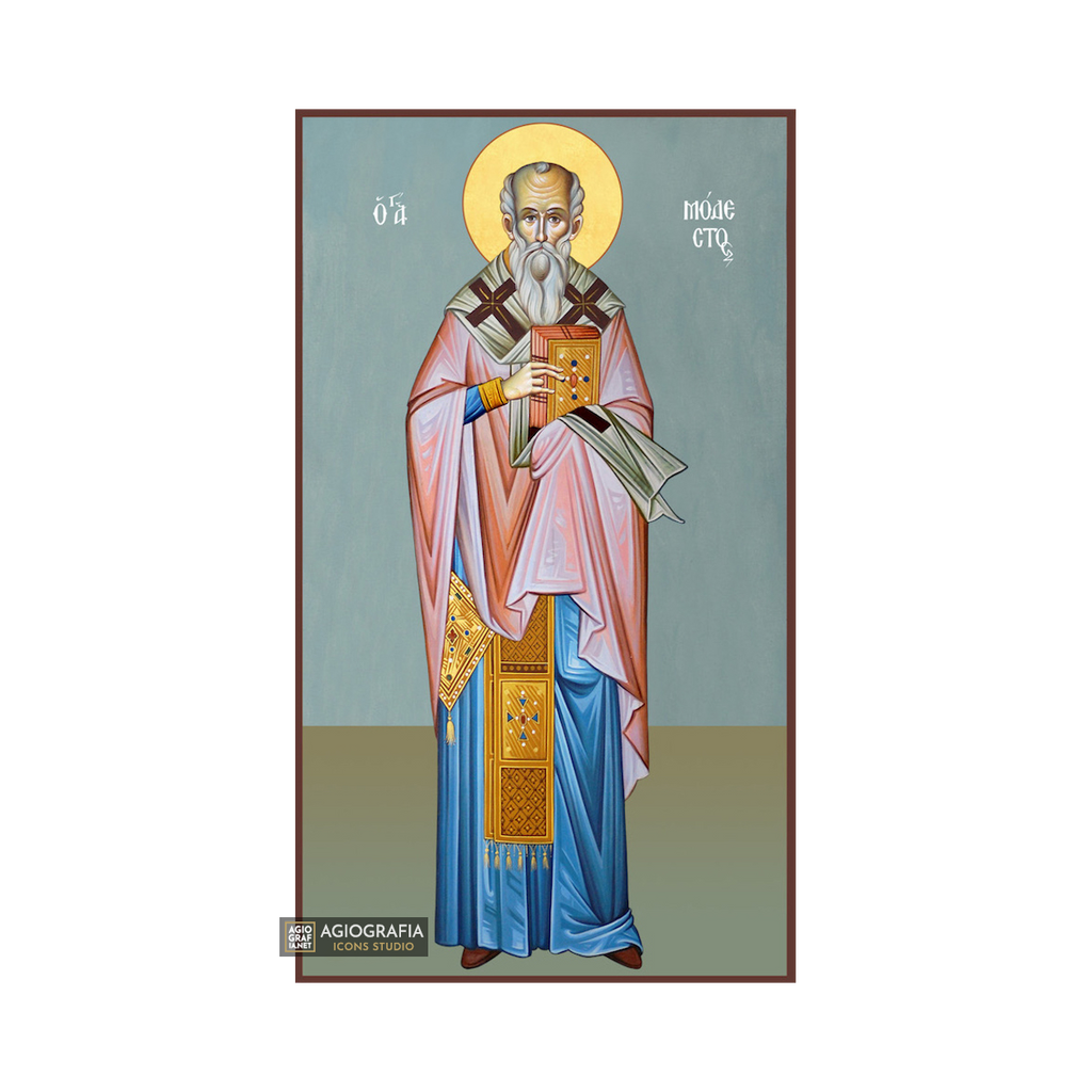 St Modestos Greek Orthodox Wood Icon with Blue Background