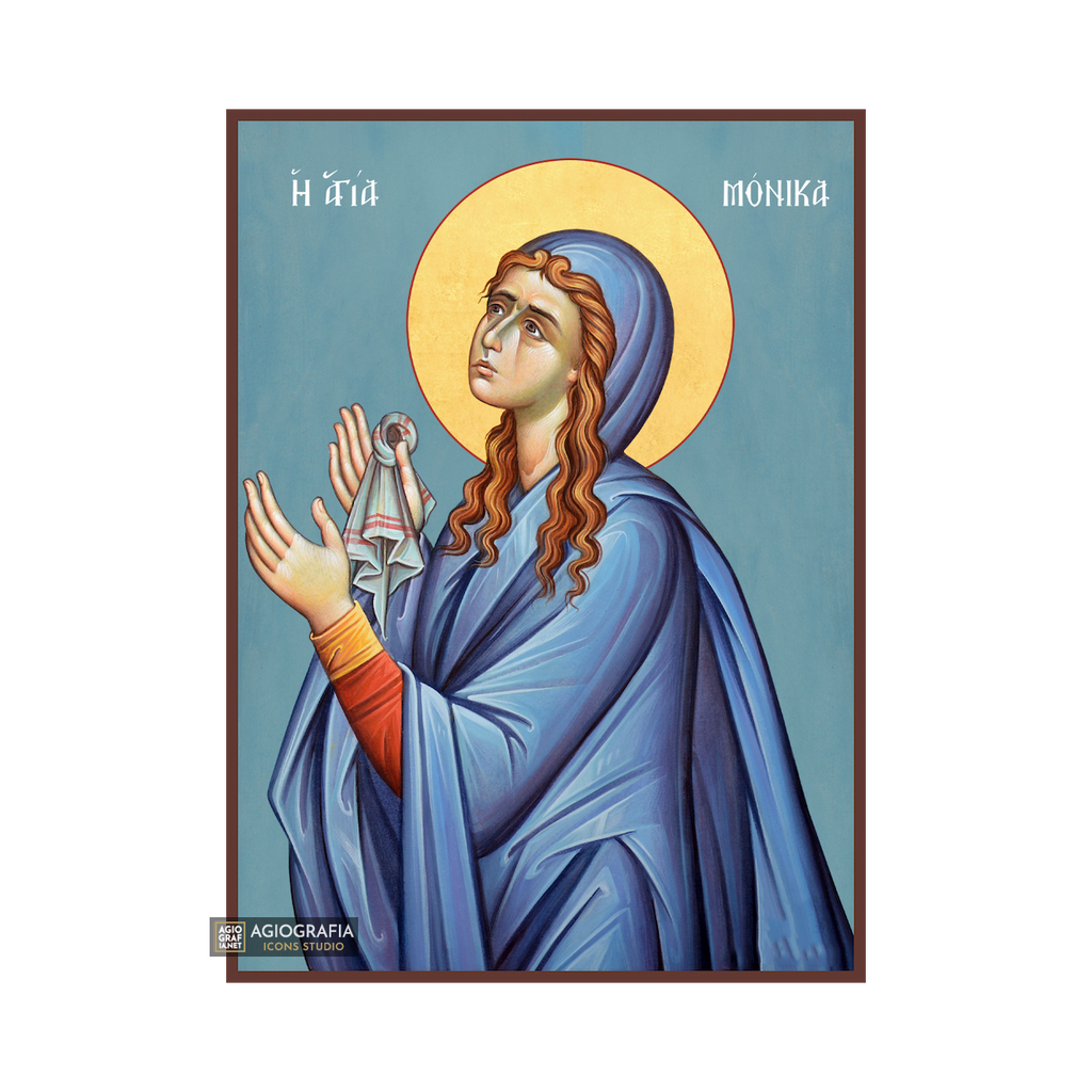St Monica Greek Orthodox Icon with Blue Background