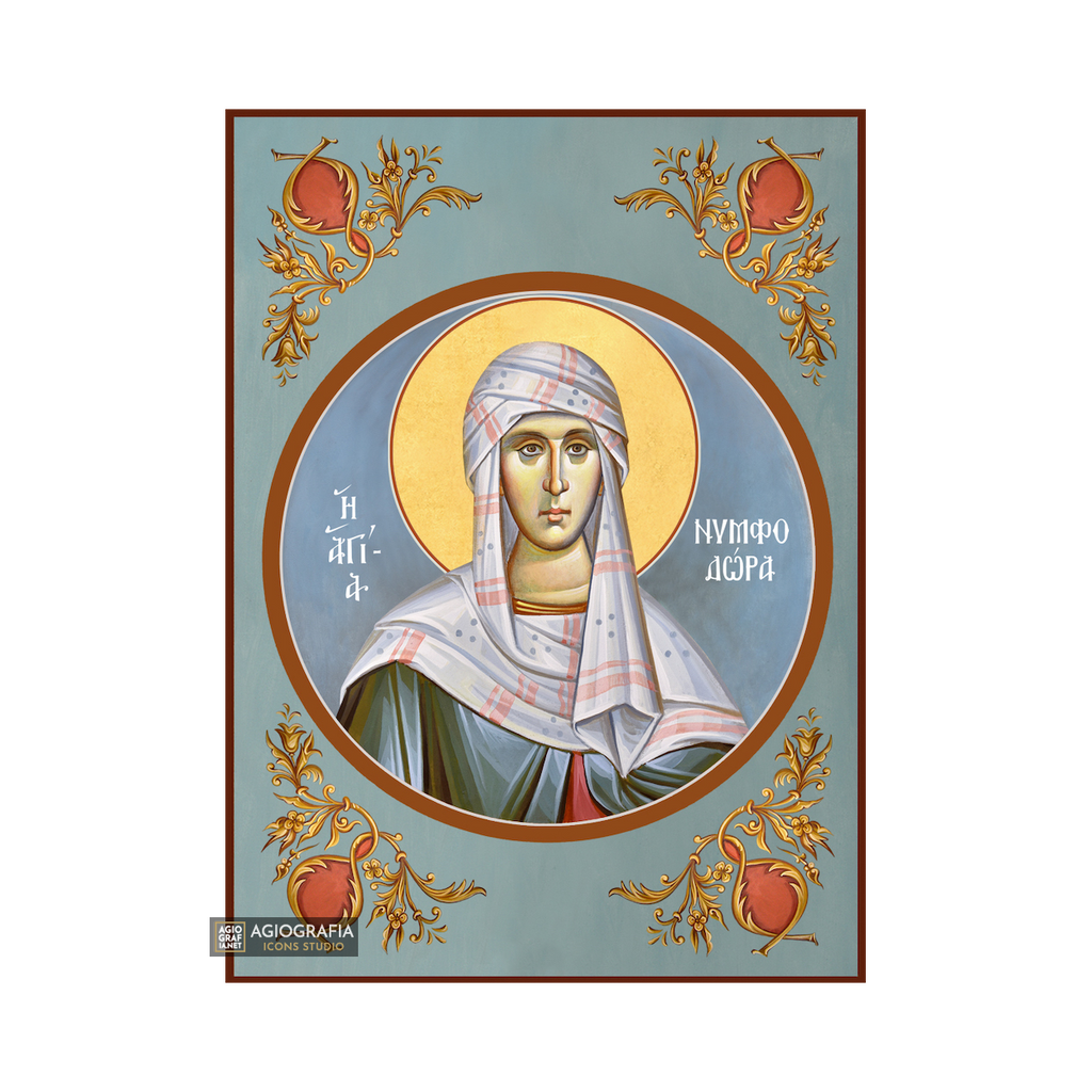 St Nimfodora Christian Byzantine Icon with Blue Background