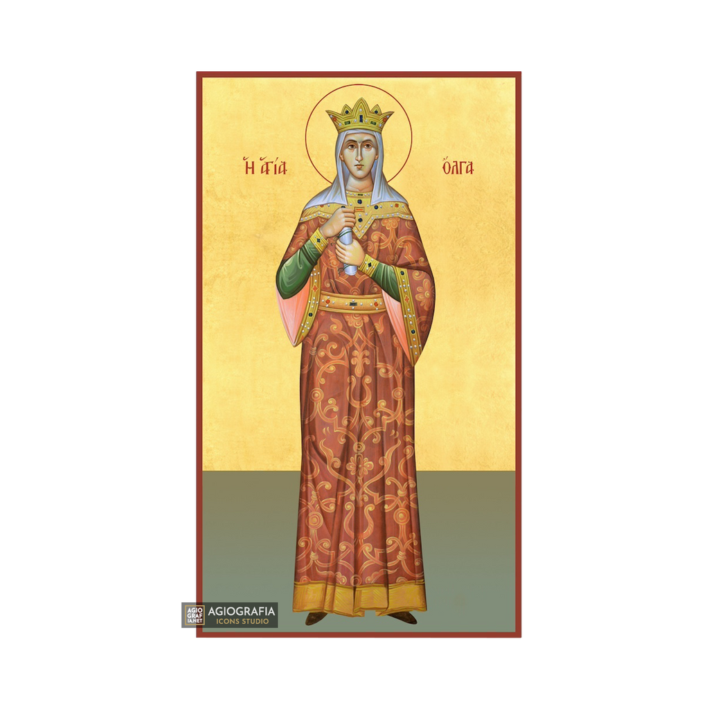22k Saint Olga Christian Orthodox Icon with Gold Leaf Background