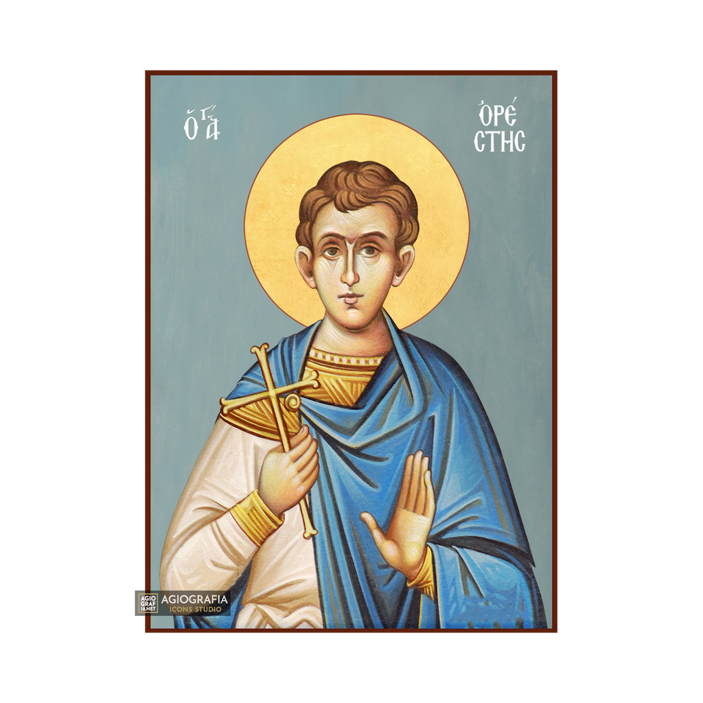 St Orestis Christian Byzantine Icon with Blue Background