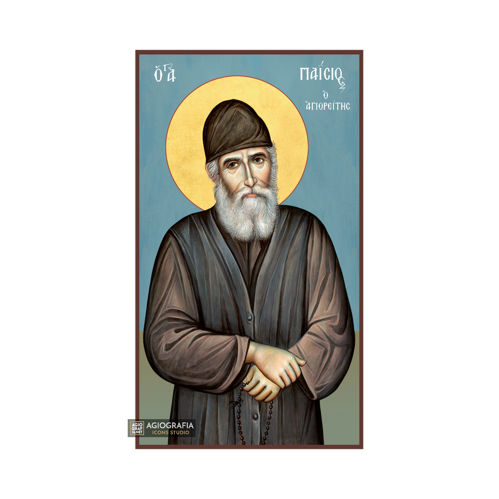 St Paisios Athonite Greek Orthodox Wood Icon with Blue Background