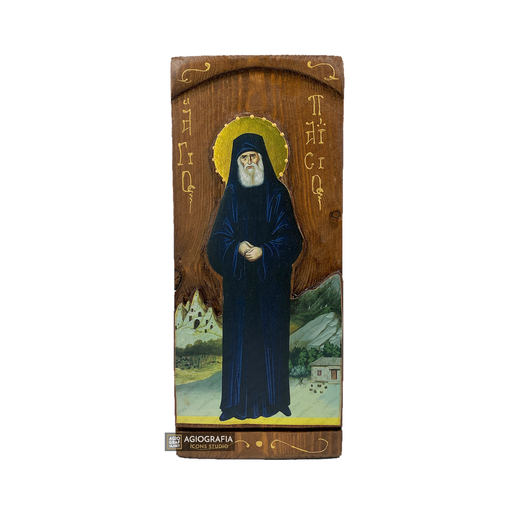 St Paisios Byzantine Greek Gold Print Icon on Carved Wood