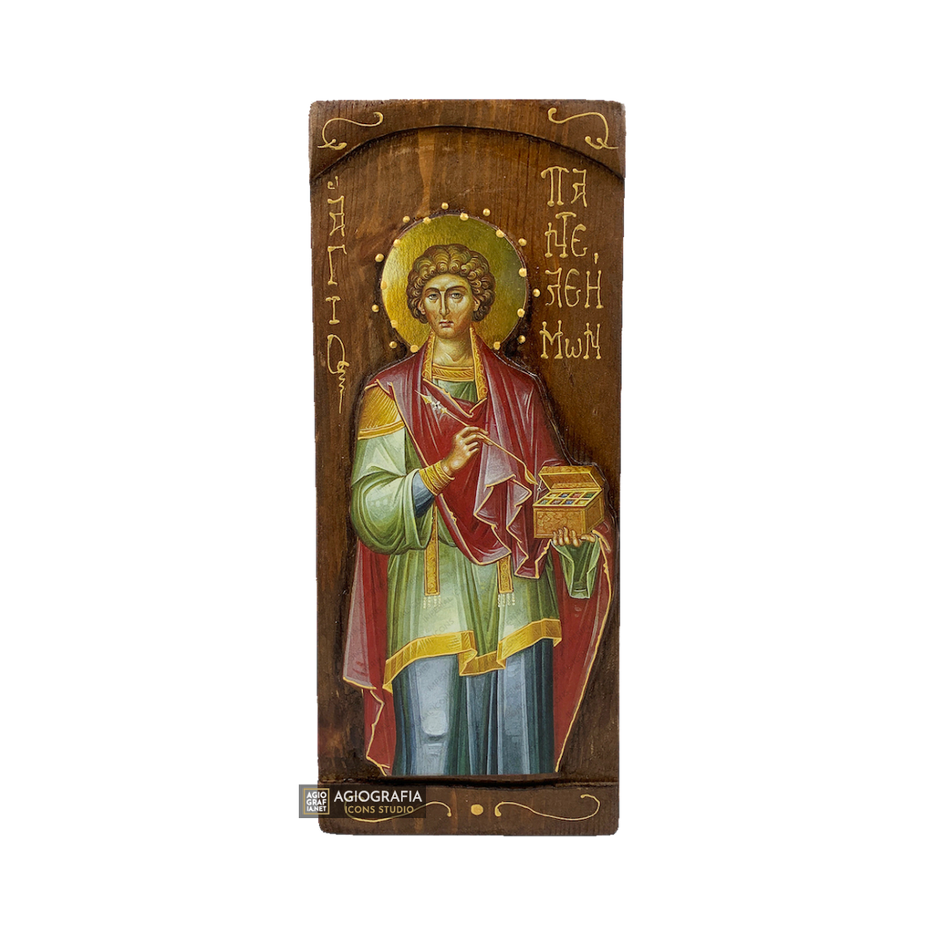 St Panteleimon Christian Orthodox Gold Print Icon on Carved Wood