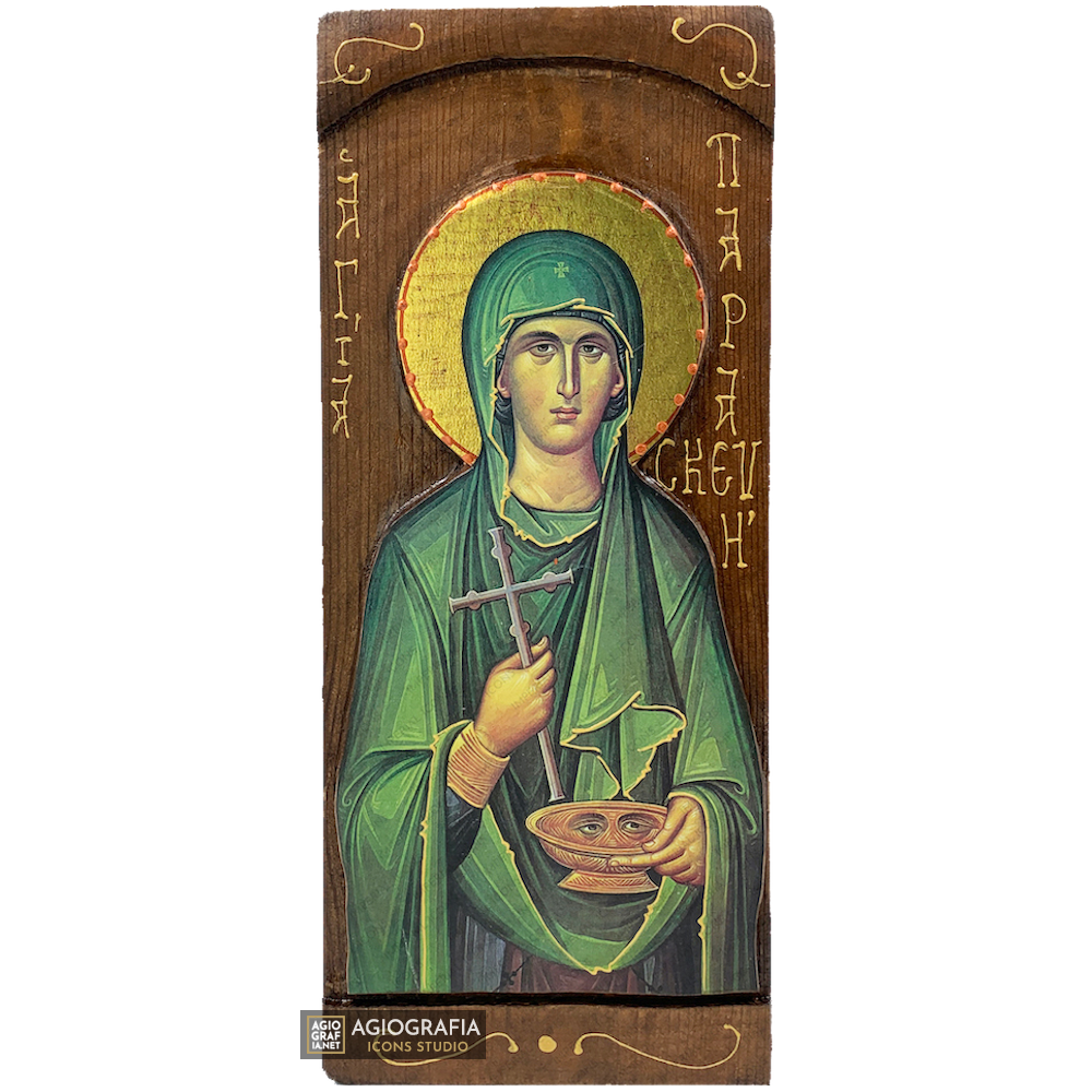 St Parasceva of Rome Byzantine Greek Gold Print Icon on Carved Wood