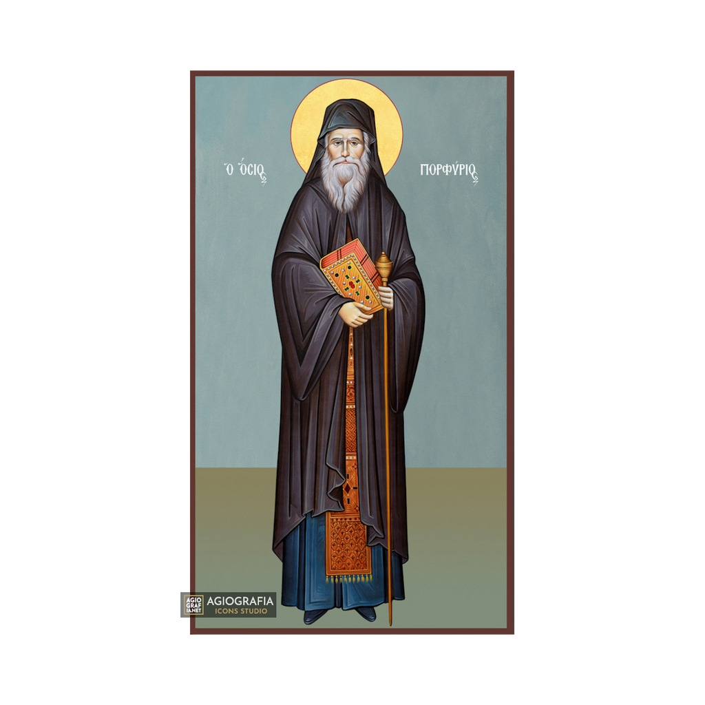 St Porphyrios Christian Byzantine Wood Icon with Blue Background