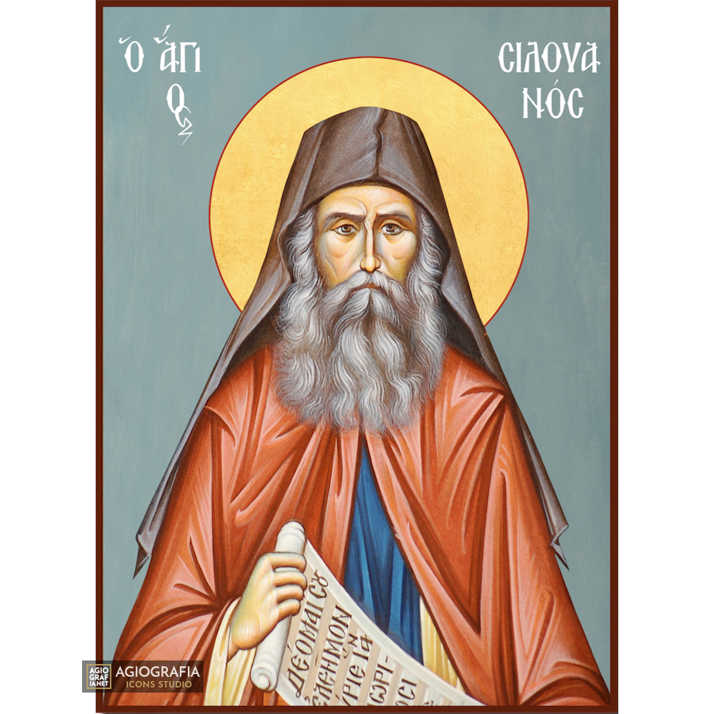 St Silouan Athonite Greek Orthodox Icon with Blue Background