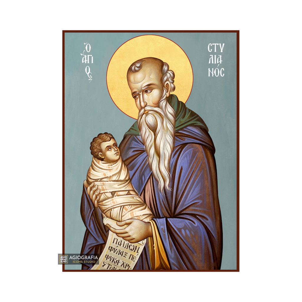 St Stilianus Christian Byzantine Icon with Blue Background