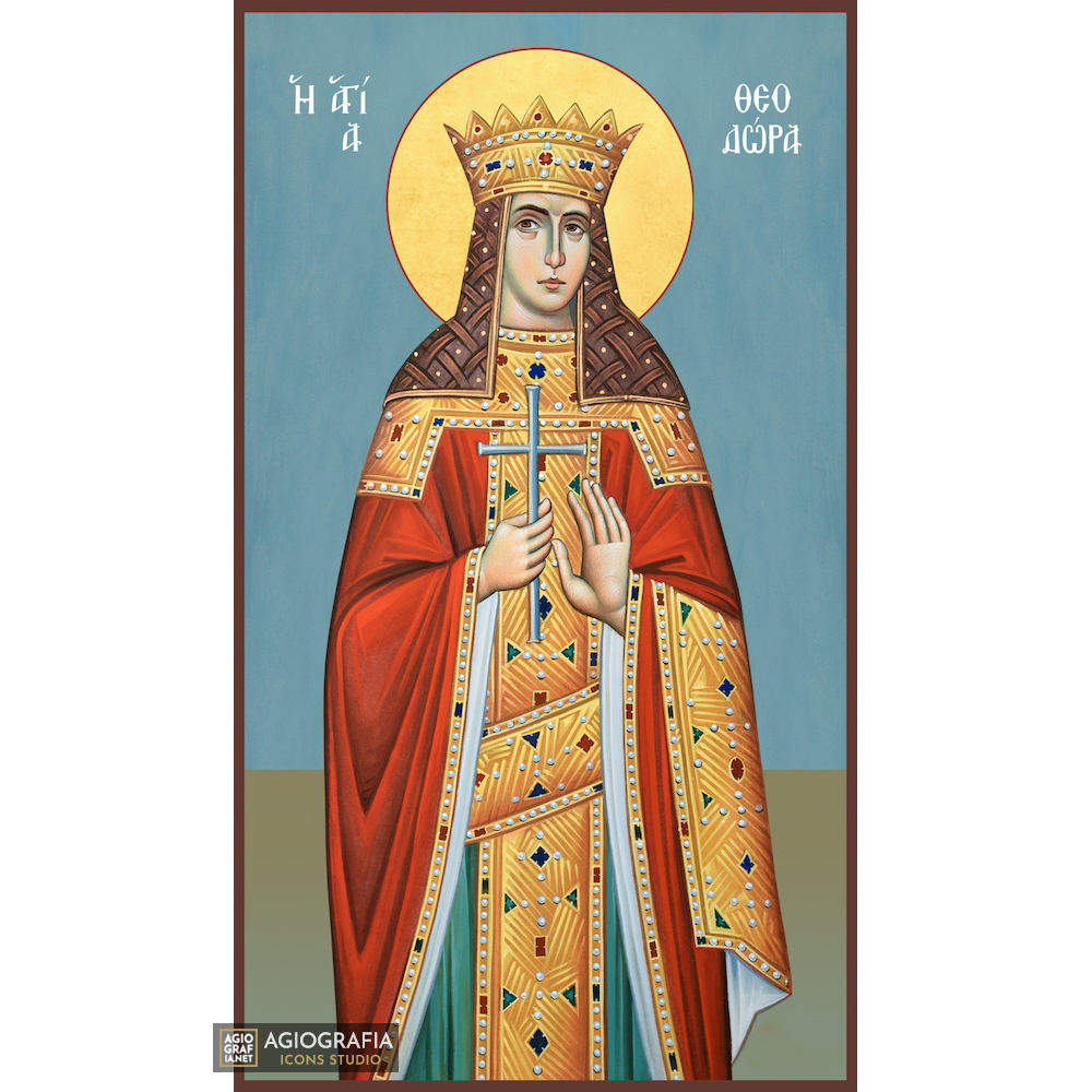 Saint Theodora Christian Orthodox Icon with Blue Background