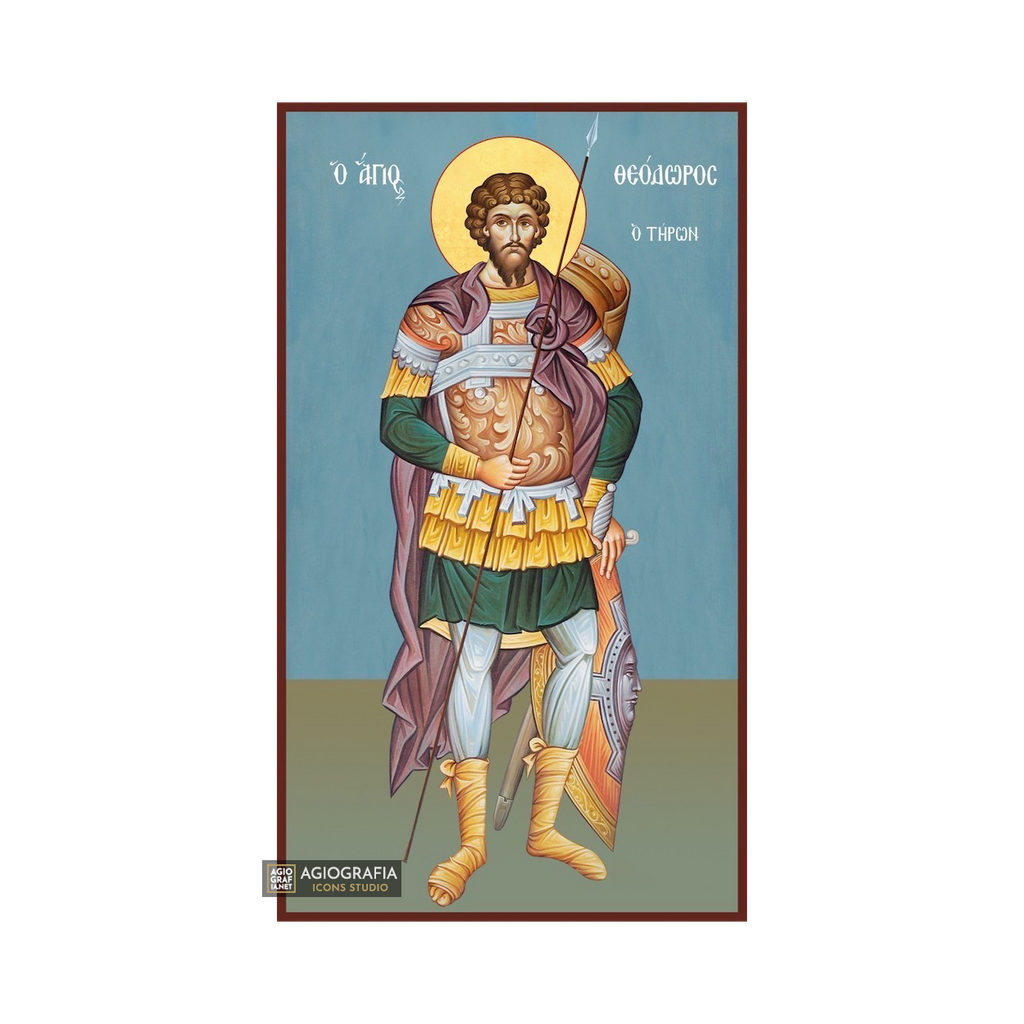 St Theodore of Tyro Orthodox Icon on Wood with Blue Background