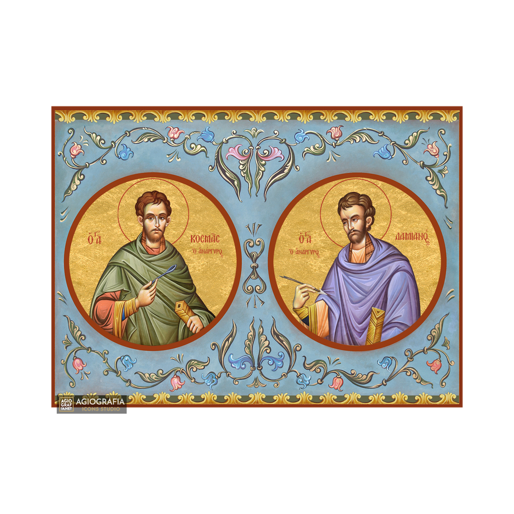 22k Holy Saints Unmercenaries - Gold Leaf Background Orthodox Icon